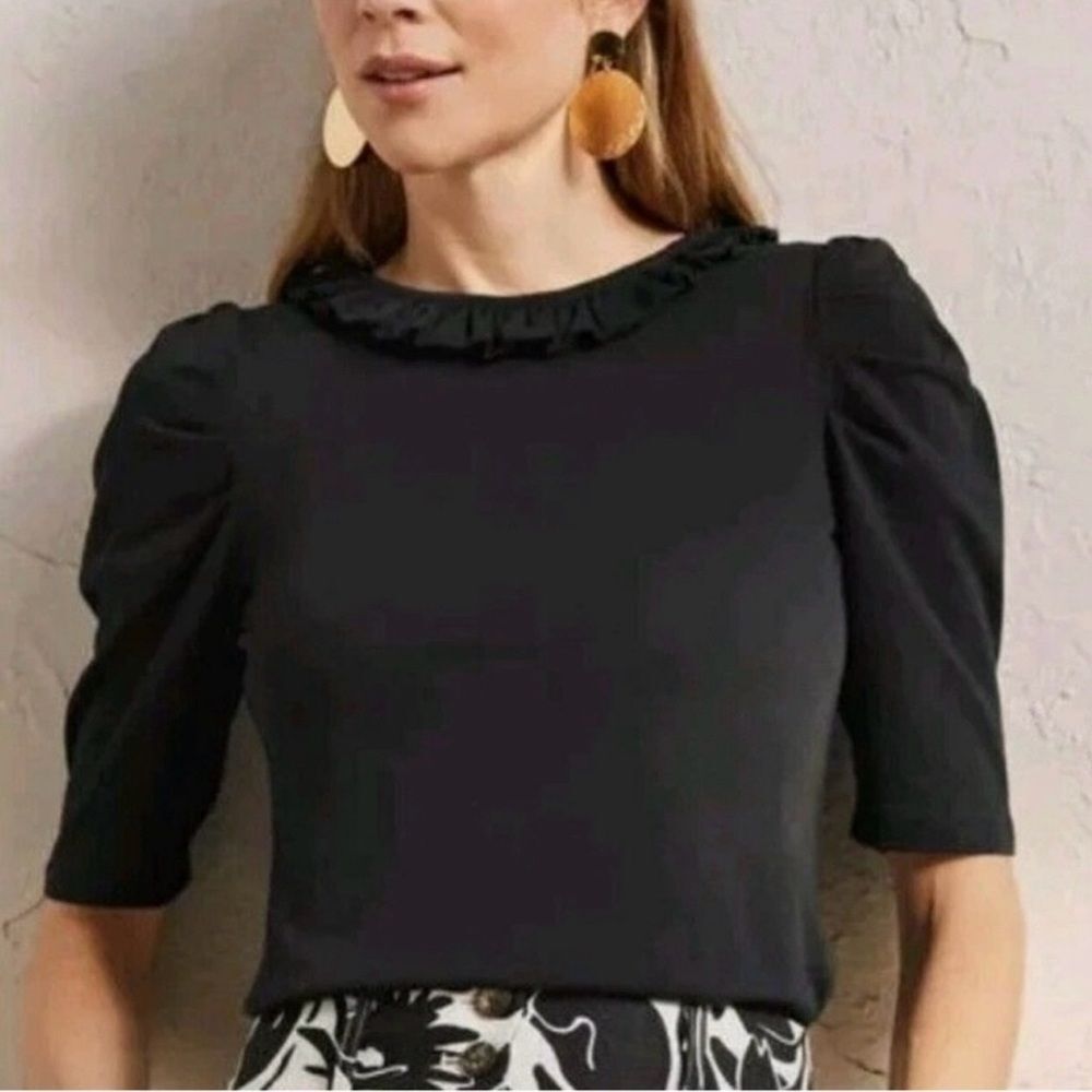 Boden Black Ruffle Neck Puff Sleeve Top Cottagecore Romantic Blouse 14